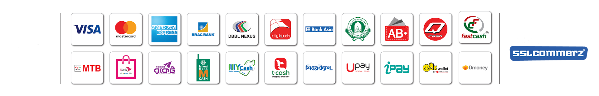 Pay With SSLCommerz - Visa, Mastercard, AMEX, bKash, Nagad, Rocket, DBBL, Upay, iPay, CityTouch